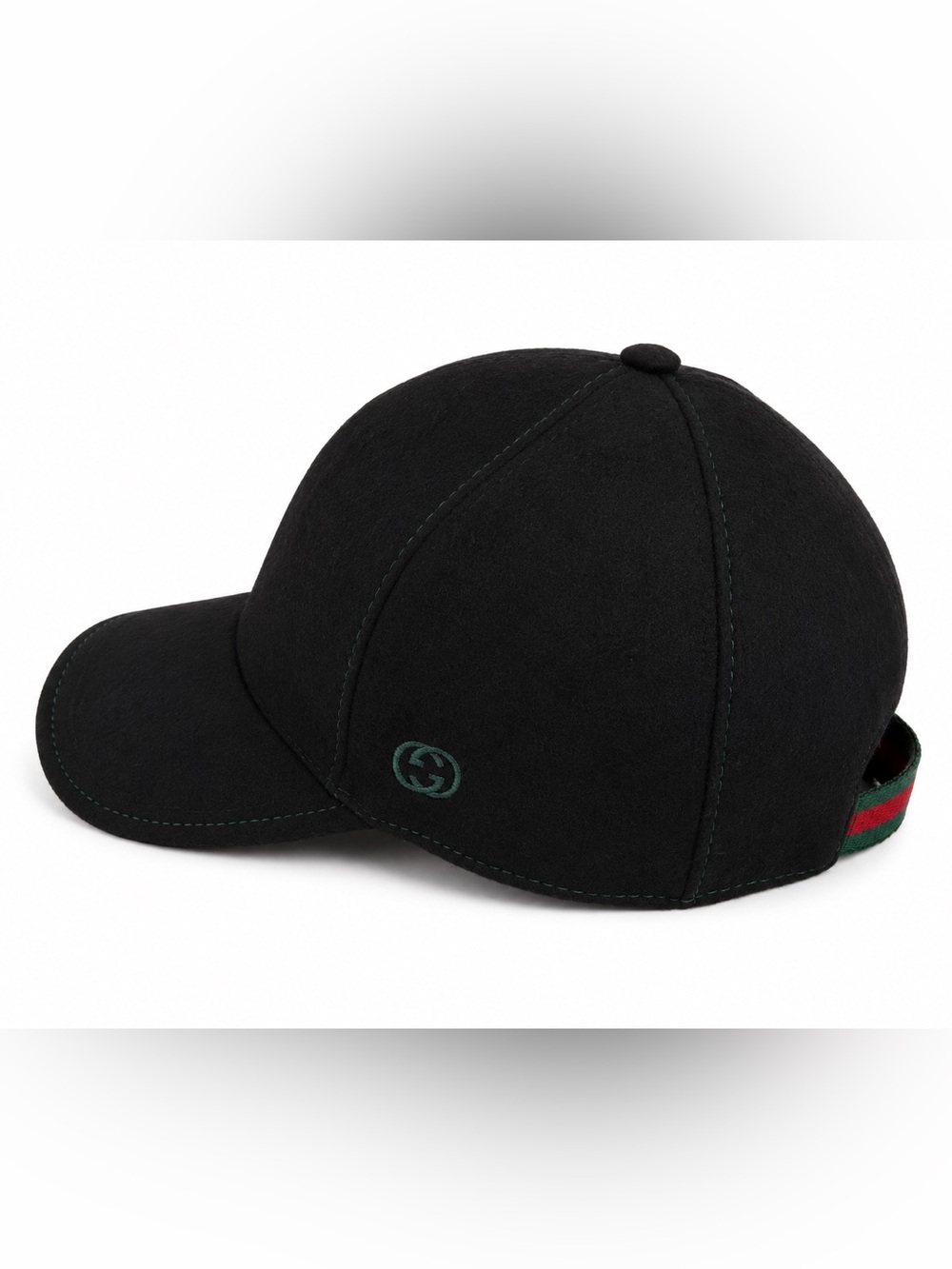Gucci Black Wool Baseball Cap Interlocking G, Green/Red Web Strap Size S 57 cm